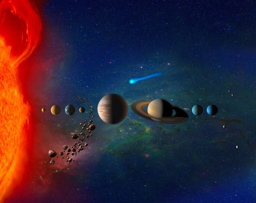 An artist's concept of our solar system. The planets, moons, asteroids, and other objects are not to scale.