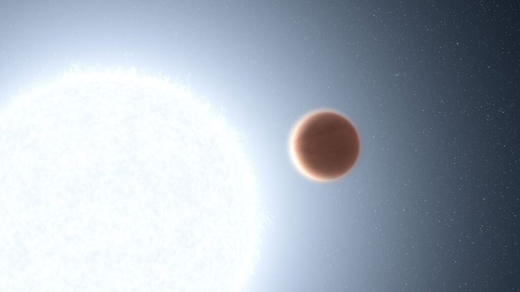 This is an artist's illustration of the planet KELT-20b which orbits a blue-white star.