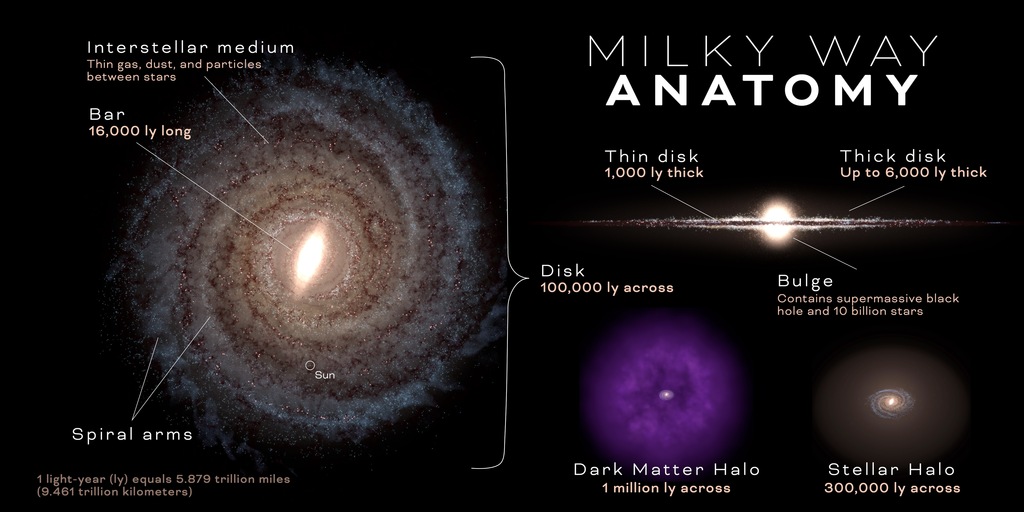 This infographic with artist’s concept views of our Milky Way galaxy highlights its main components: the disk, bulge, stellar halo, and dark matter halo. Scientists have a pretty good idea of the Milky Way’s overall structure, but since we’re nestled inside it, fine details are hard to see. Astronomers have used observations from different telescopes to piece together our galaxy's anatomy, and future observatories like NASA's Nancy Grace Roman Space Telescope will make the picture even clearer.