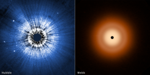[left] A Hubble Space Telescope false-color view of a 100-billion-mile-wide disk of dust around the summer star Vega. Hubble detects reflected light from dust that is the size of smoke particles largely in a halo on the periphery of the disk. The disk is very smooth, with no evidence of embedded large planets. The black spot at the center blocks out the bright glow of the hot young star. [right] The James Webb Space Telescope resolves the glow of warm dust in a disk halo, at 23 billion miles out. The outer disk (analogous to the solar system’s Kuiper Belt) extends from 7 billion miles to 15 billion miles. The inner disk extends from the inner edge of the outer disk down to close proximity to the star. There is a notable dip in surface brightness of the inner disk from approximately 3.7 to 7.2 billion miles. The black spot at the center is due to lack of data from saturation.
